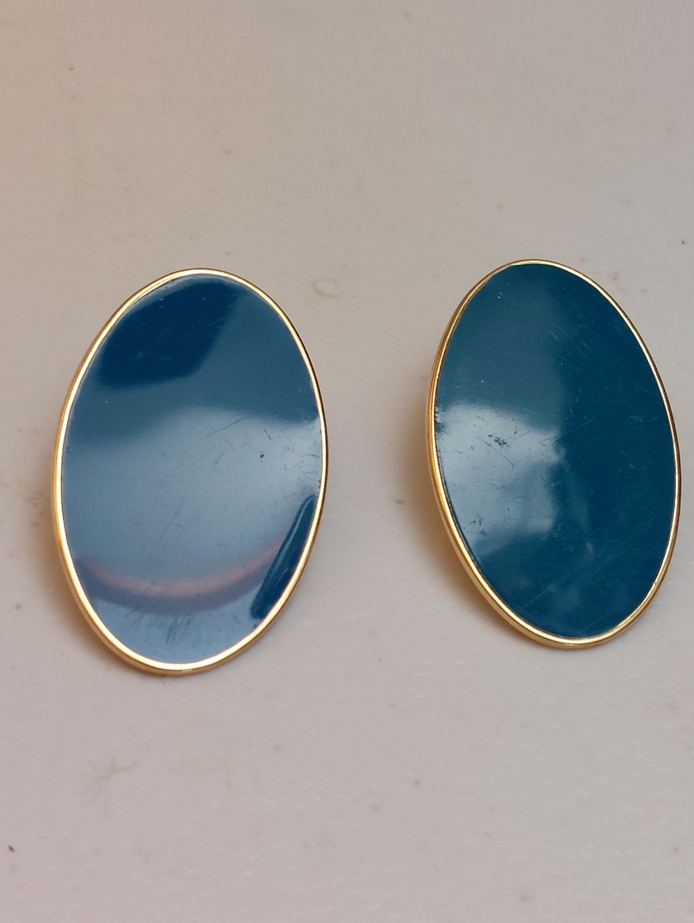 Vintage Monet Gold Tone And Blue Enamel Oval Shaped Stud Earrings